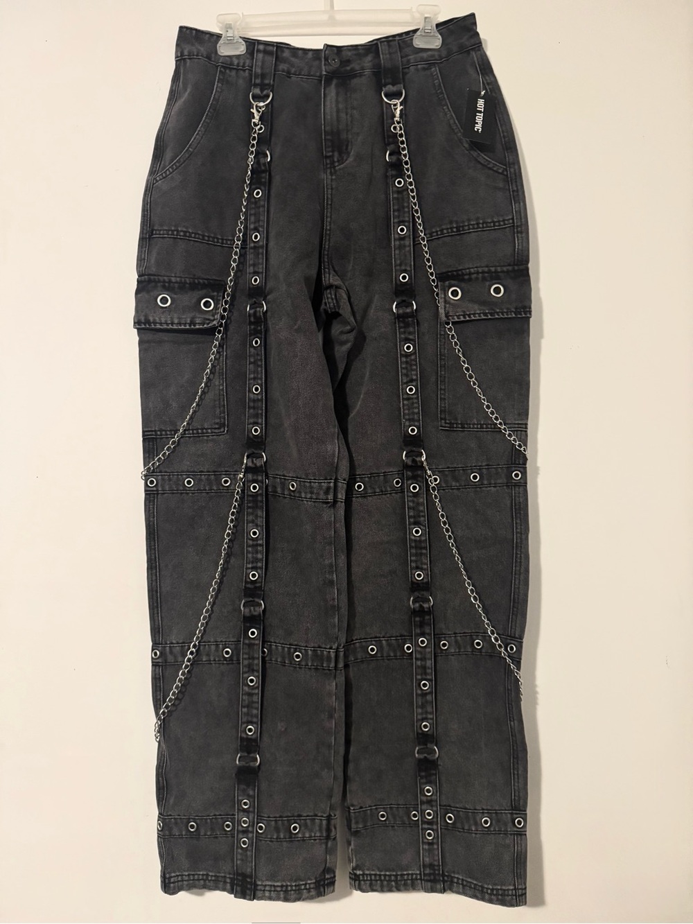 Hot Topic Acid Wash Grey Grommet Strap Side Chain Carpenter Pants